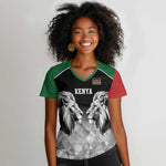Custom Rugby Africa Kenya Women V-Neck T-Shirt Black Kenyan 22-23 Motif - African Pride
