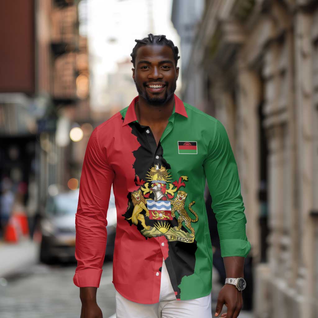 Malawi Flag Map Long Sleeve Button Shirt Simple Malawi Emblem Coat of Arms - African Pride