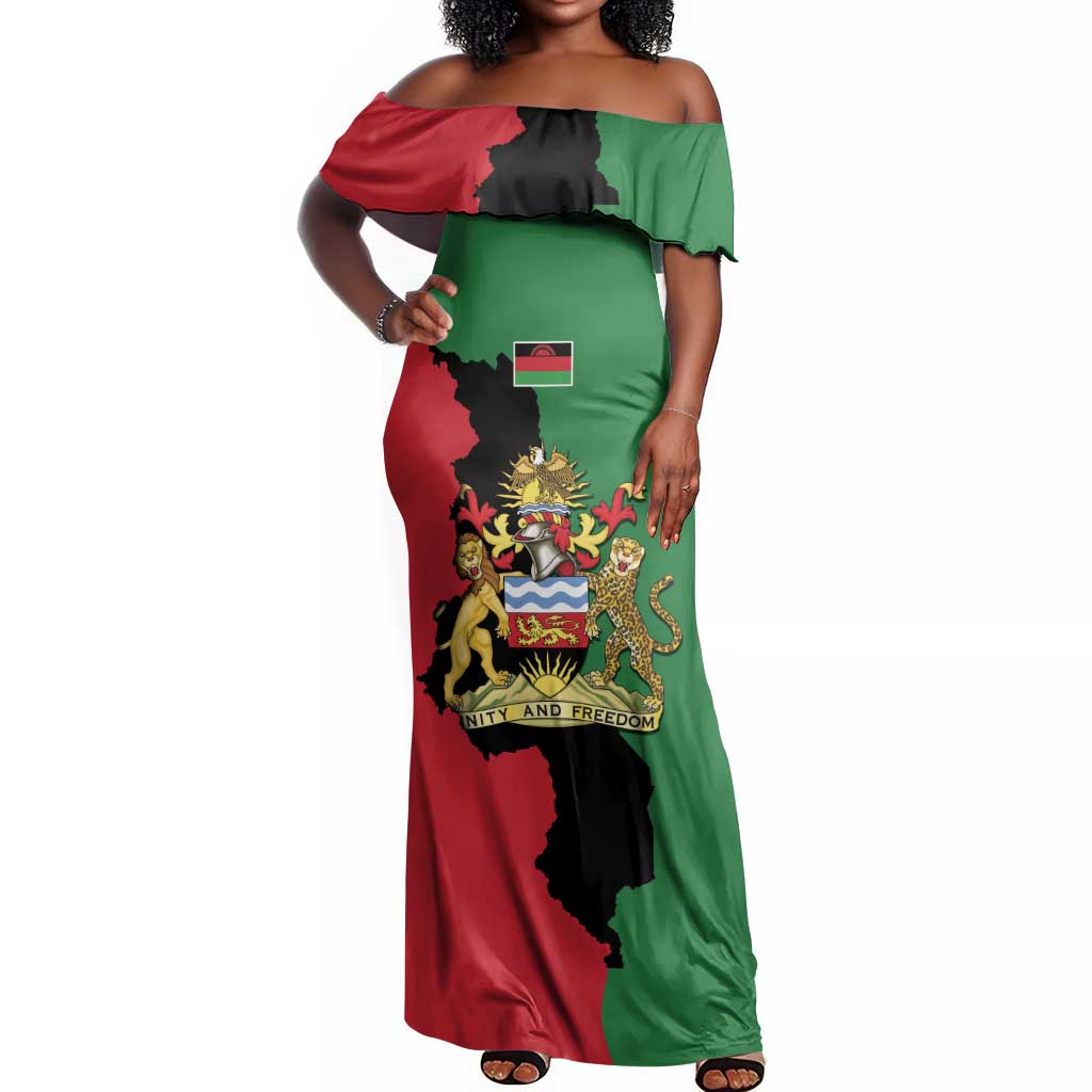 Malawi Flag Map Off Shoulder Maxi Dress Simple Malawi Emblem Coat of Arms - African Pride