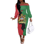 Malawi Flag Map Off The Shoulder Long Sleeve Dress Simple Malawi Emblem Coat of Arms - African Pride