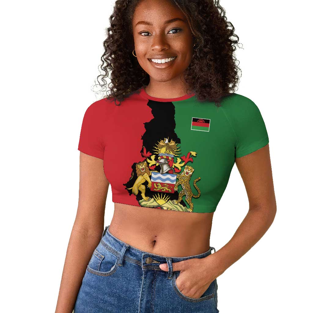 Malawi Flag Map Raglan Cropped T shirt Simple Malawi Emblem Coat of Arms - African Pride