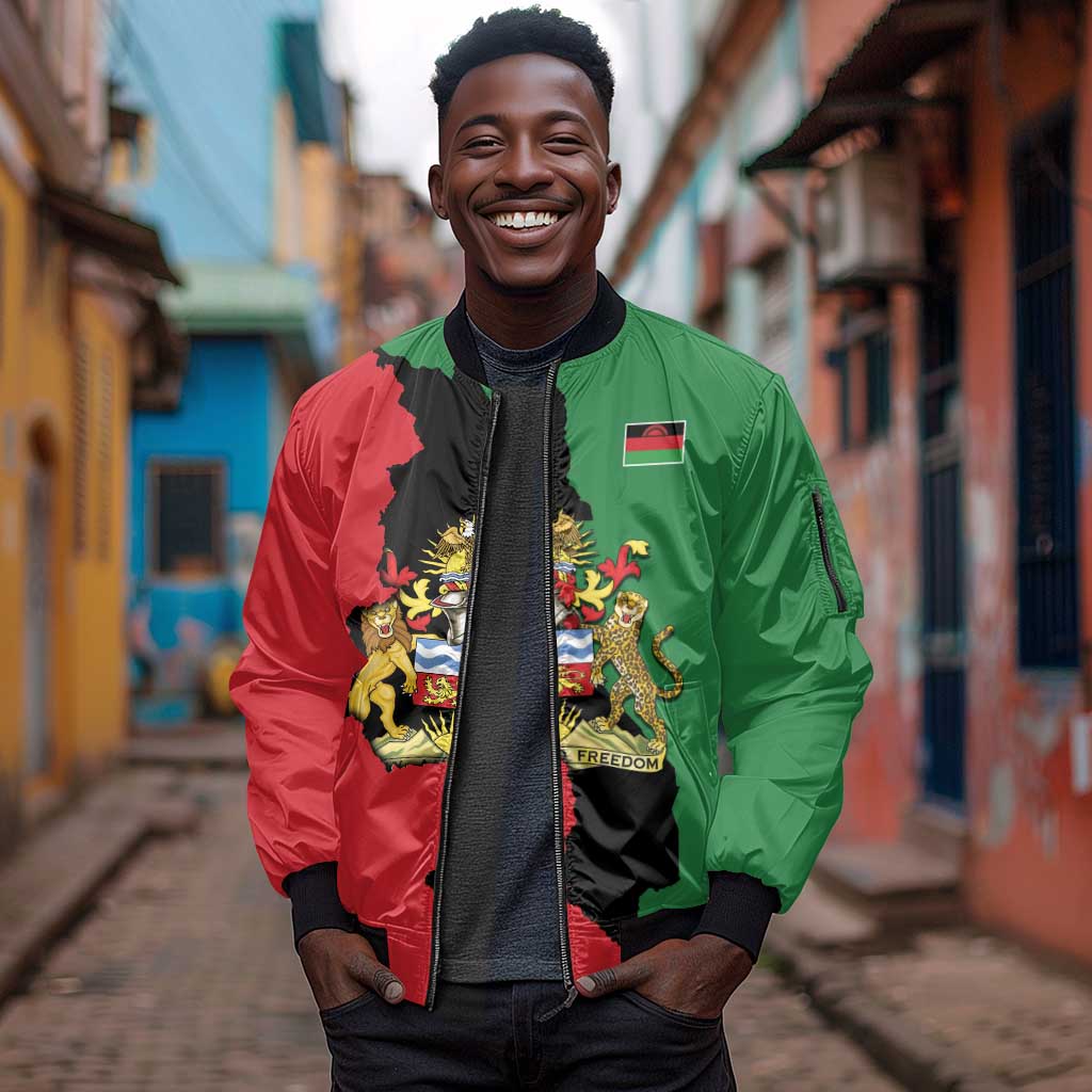 Malawi Flag Map Sleeve Zip Bomber Jacket Simple Malawi Emblem Coat of Arms - African Pride