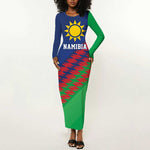 Custom Cricket African Namibia Long Sleeve Bodycon Dress Namibian Sporty Pattern Flag Motif - African Pride