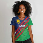 Custom Cricket African Namibia Women V-Neck T-Shirt Namibian Sporty Pattern Flag Motif - African Pride