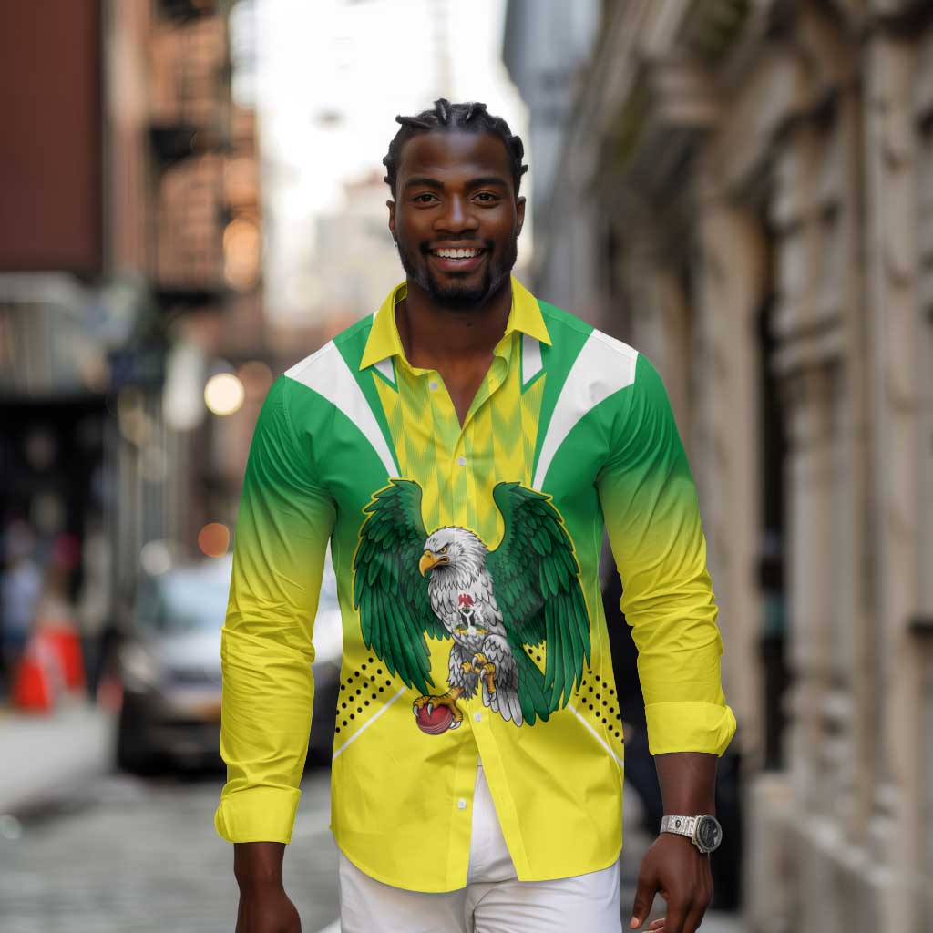 Custom Cricket African Nigeria Long Sleeve Button Shirt Najeriya Yellow Greens Eagle - African Pride