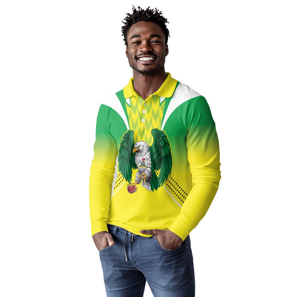 Custom Cricket African Nigeria Long Sleeve Polo Shirt Najeriya Yellow Greens Eagle - African Pride
