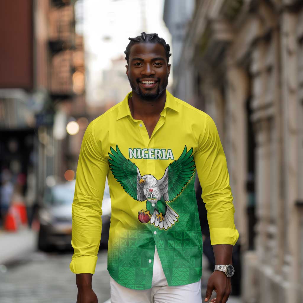 Custom Cricket African Nigeria Long Sleeve Button Shirt Najeriya Angry Eagle Flag Motif - African Pride