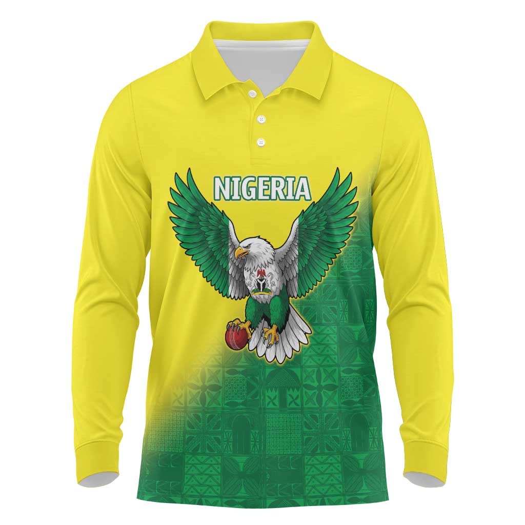 Custom Cricket African Nigeria Long Sleeve Polo Shirt Najeriya Angry Eagle Flag Motif - African Pride