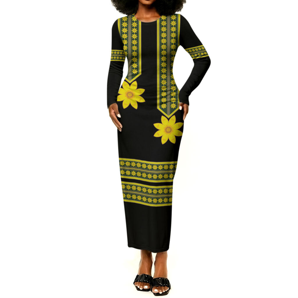 black ethiopian traditional dress Enkutatash Long Sleeve Bodycon Adey Flower Tilet Habesha Inspired by African Pride Shop Velvet Midi Dress | piece set — a dress-type Size:xs