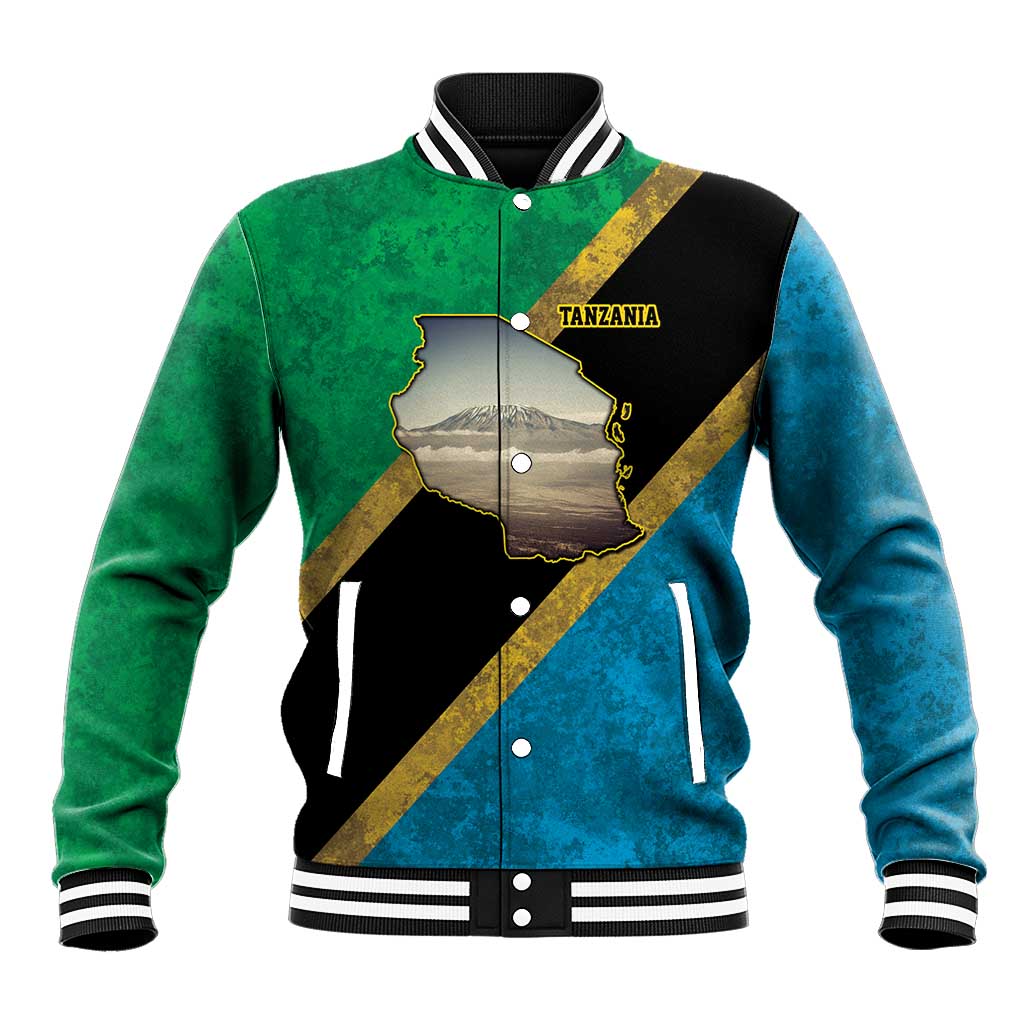 African Volcano Kilimanjaro Tanzania Baseball Jacket Grunge Flag Map of Tanzania - African Pride