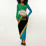 African Volcano Kilimanjaro Tanzania Long Sleeve Bodycon Dress Grunge Flag Map of Tanzania - African Pride