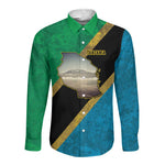 African Volcano Kilimanjaro Tanzania Long Sleeve Button Shirt Grunge Flag Map of Tanzania - African Pride