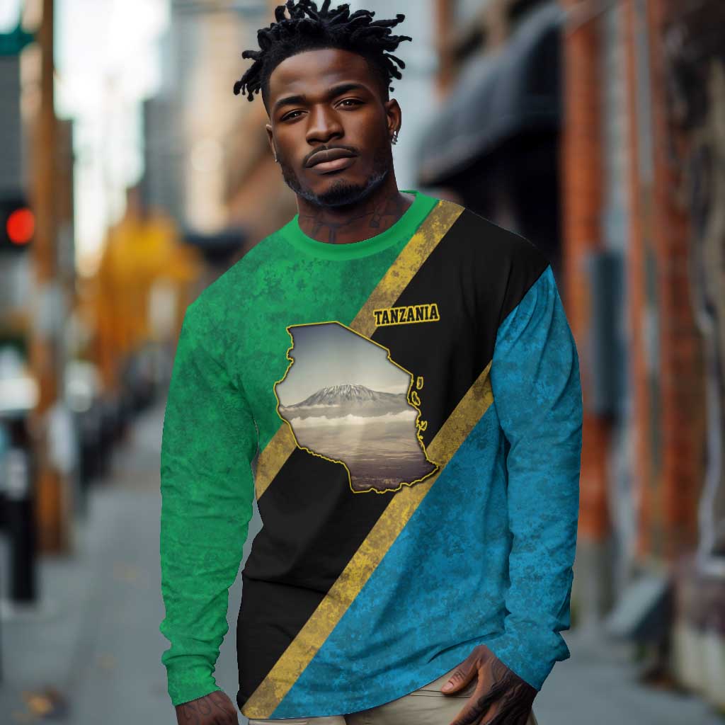African Volcano Kilimanjaro Tanzania Long Sleeve Shirt Grunge Flag Map of Tanzania - African Pride