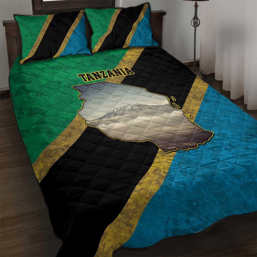 African Volcano Kilimanjaro Tanzania Quilt Bed Set Grunge Flag Map of Tanzania - African Pride
