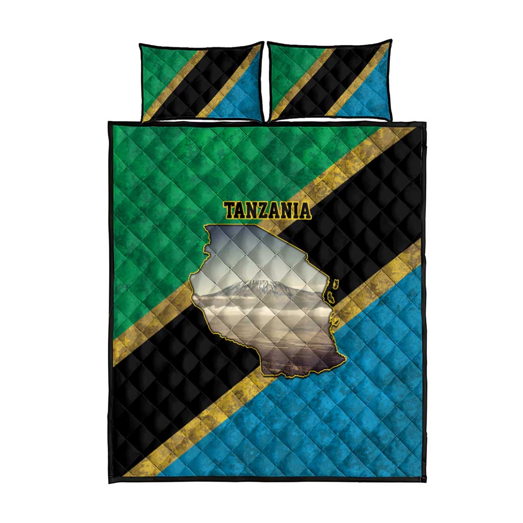 African Volcano Kilimanjaro Tanzania Quilt Bed Set Grunge Flag Map of Tanzania - African Pride