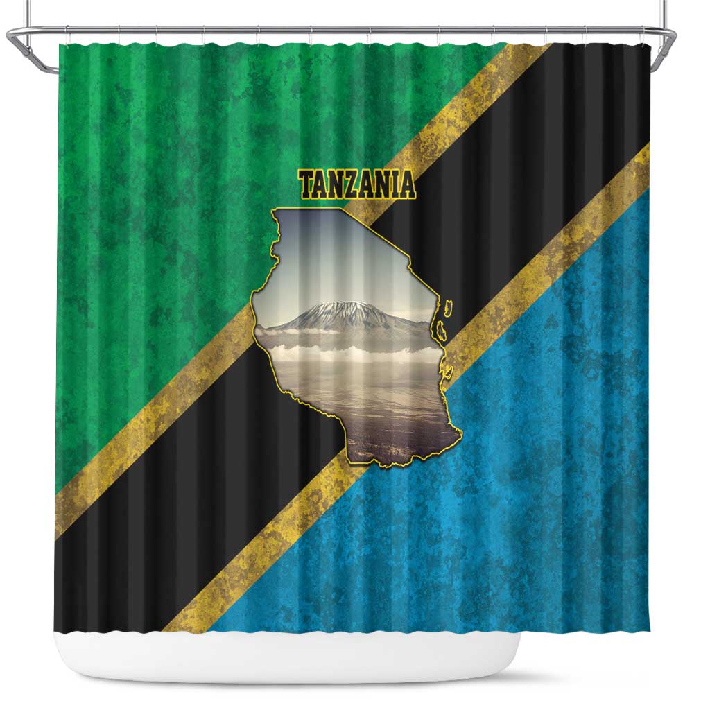 African Volcano Kilimanjaro Tanzania Shower Curtain Grunge Flag Map of Tanzania - African Pride