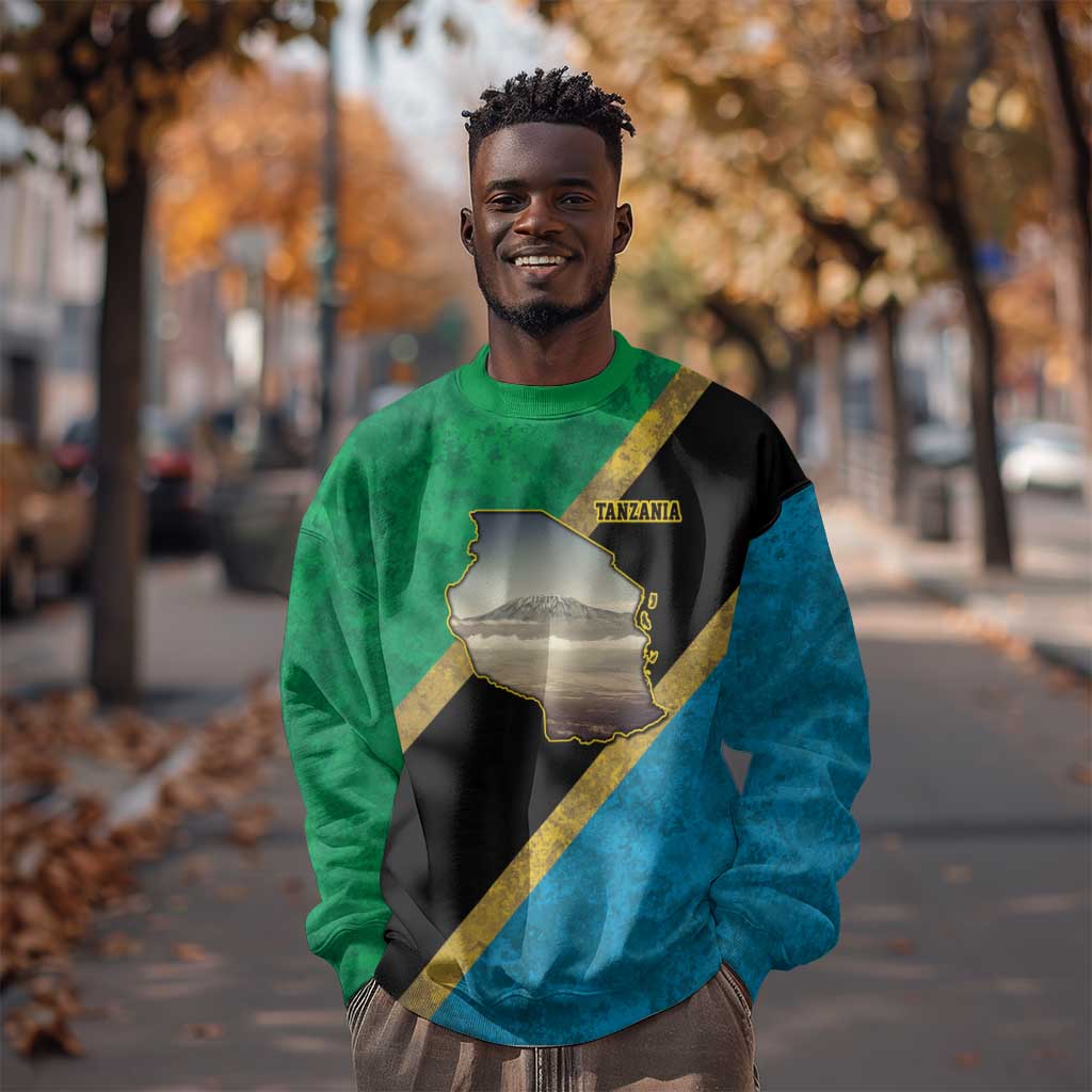 African Volcano Kilimanjaro Tanzania Sweatshirt Grunge Flag Map of Tanzania - African Pride