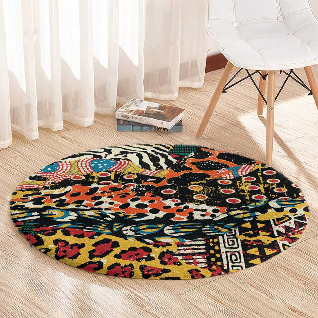 African Mixed Wild Animal Skins Round Carpet
