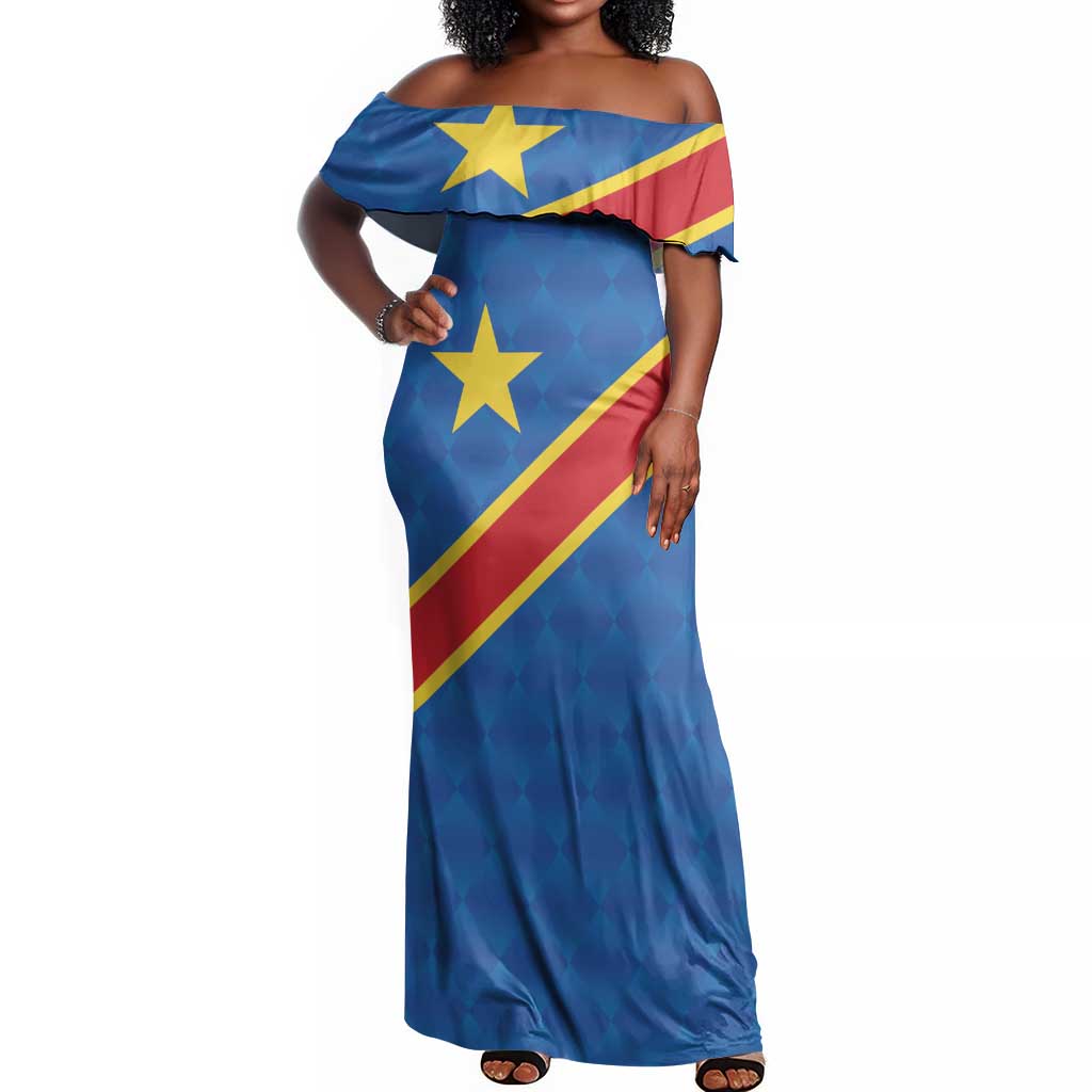 Africa DR of the Congo Personalized Off Shoulder Maxi Dress Flag Style - African Pride