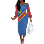 Africa DR of the Congo Personalized Off The Shoulder Long Sleeve Dress Flag Style - African Pride