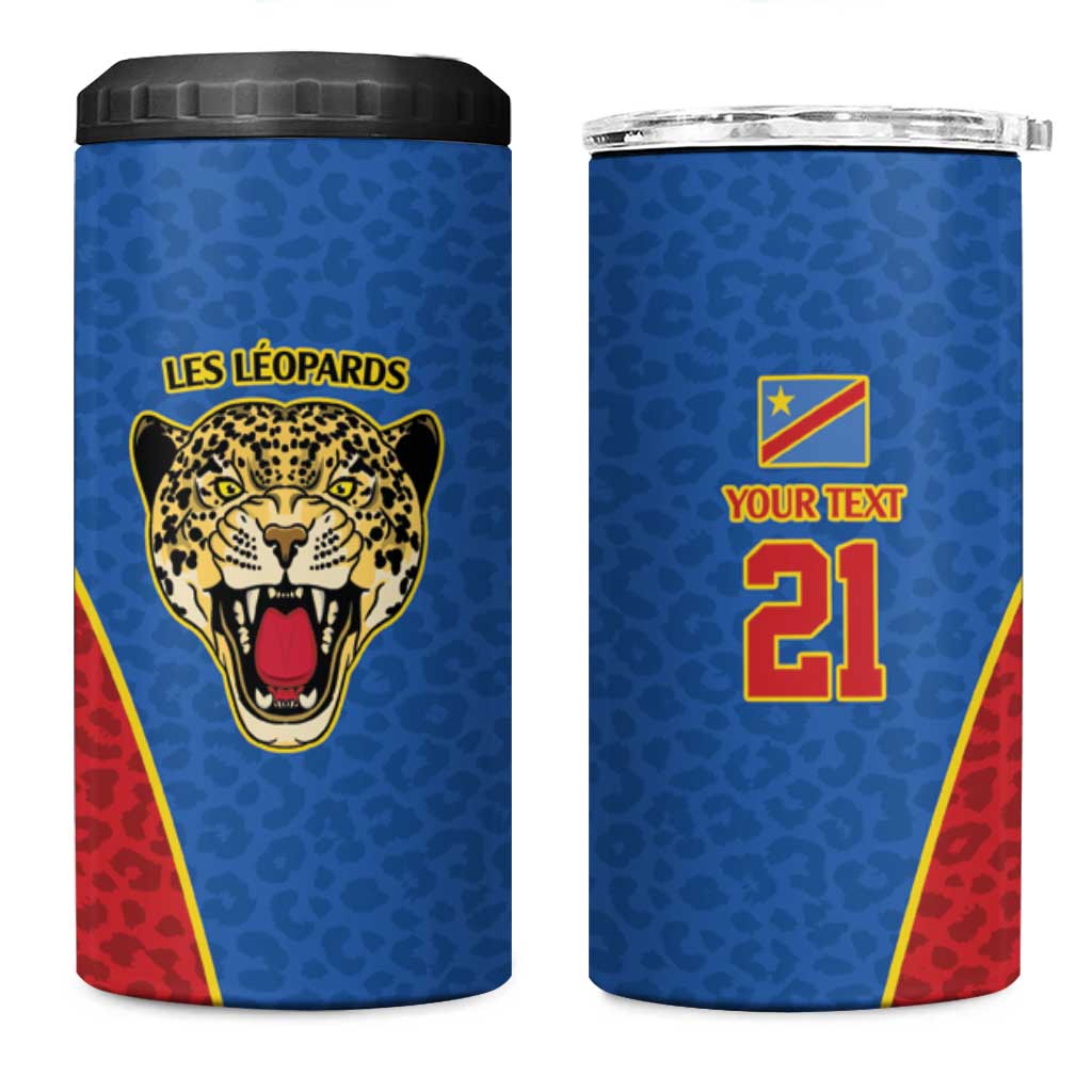 Africa DR Congo Football Custom 4 in 1 Can Cooler Tumbler Blue Leopard Skin Pattern - African Pride