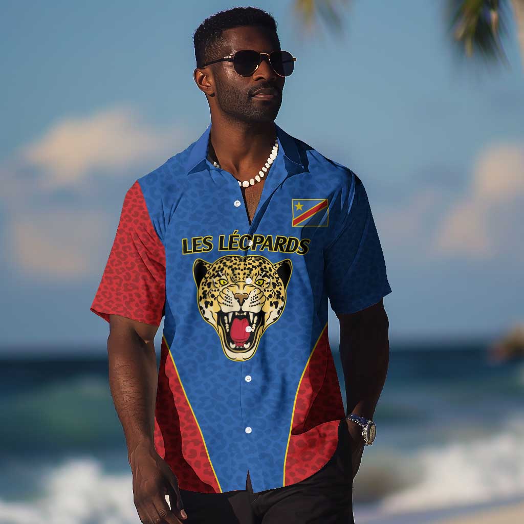 Africa DR Congo Football Custom Hawaiian Shirt Blue Leopard Skin Pattern - African Pride
