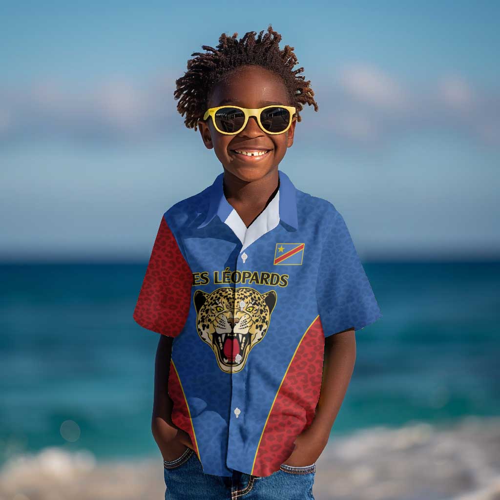 Africa DR Congo Football Custom Kid Hawaiian Shirt Blue Leopard Skin Pattern - African Pride
