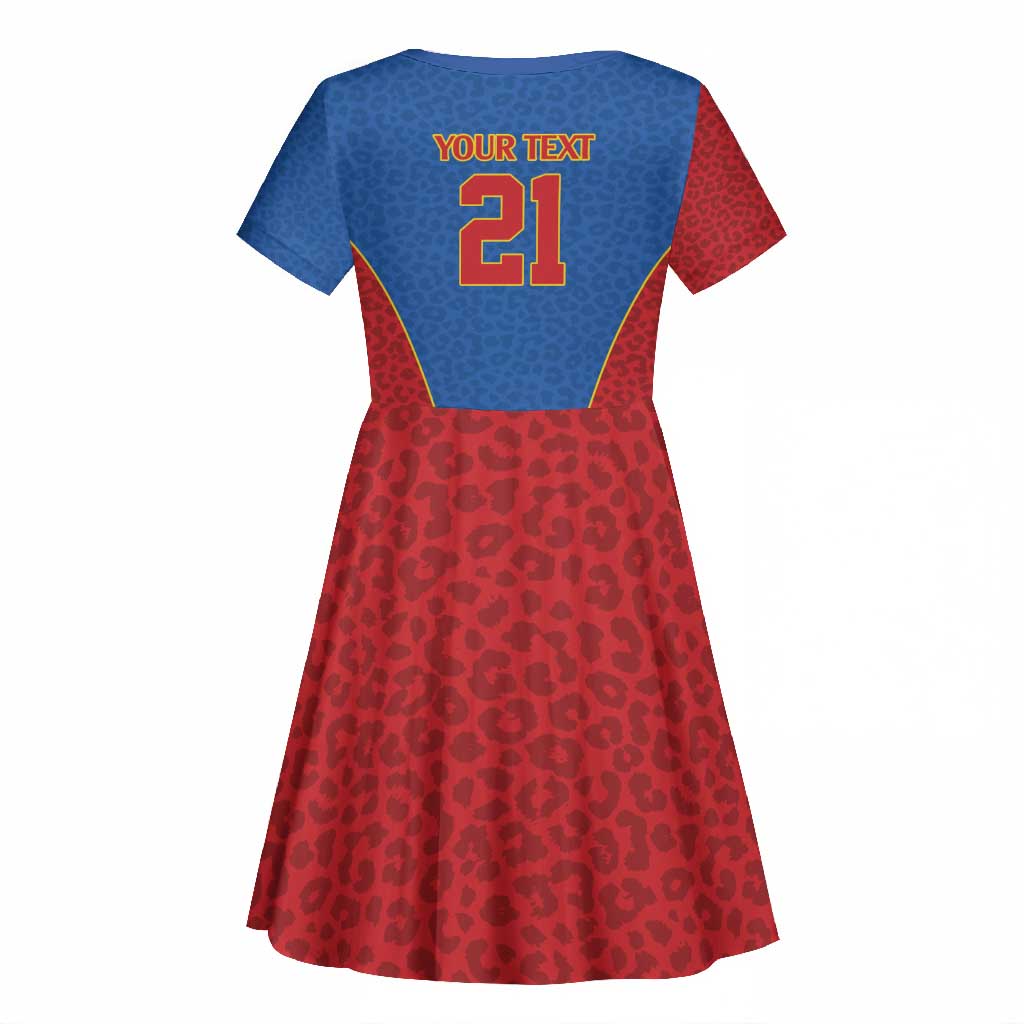 Africa DR Congo Football Custom Kid Short Sleeve Dress Blue Leopard Skin Pattern - African Pride