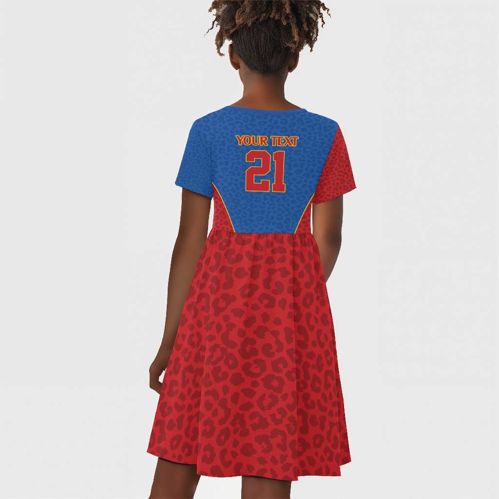 Africa DR Congo Football Custom Kid Short Sleeve Dress Blue Leopard Skin Pattern - African Pride