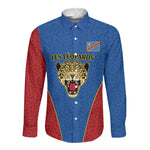 Africa DR Congo Football Custom Long Sleeve Button Shirt Blue Leopard Skin Pattern - African Pride