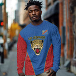 Africa DR Congo Football Custom Long Sleeve Shirt Blue Leopard Skin Pattern - African Pride