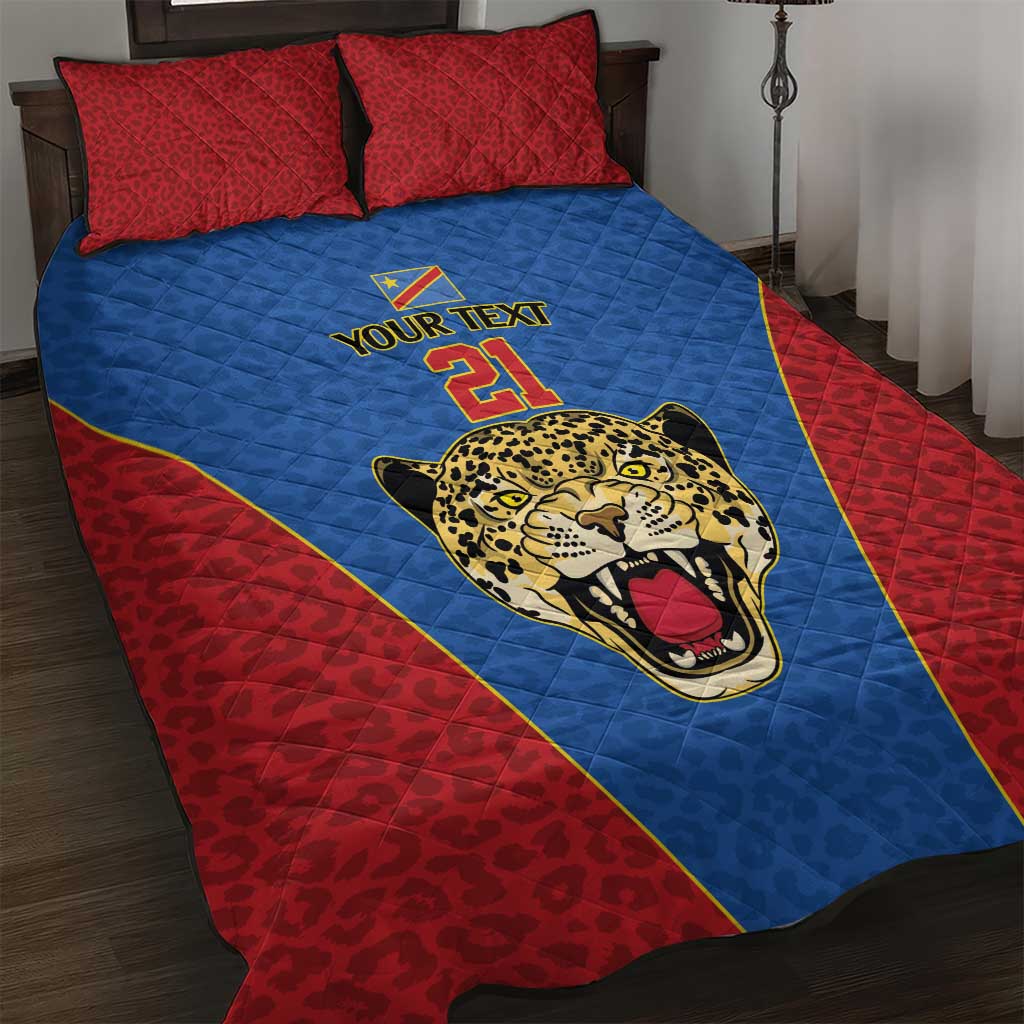 Africa DR Congo Football Custom Quilt Bed Set Blue Leopard Skin Pattern - African Pride