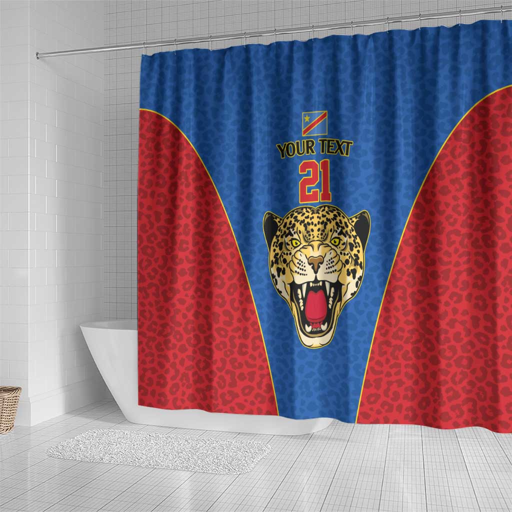Africa DR Congo Football Custom Shower Curtain Blue Leopard Skin Pattern - African Pride
