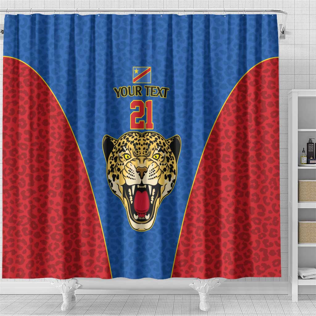 Africa DR Congo Football Custom Shower Curtain Blue Leopard Skin Pattern - African Pride