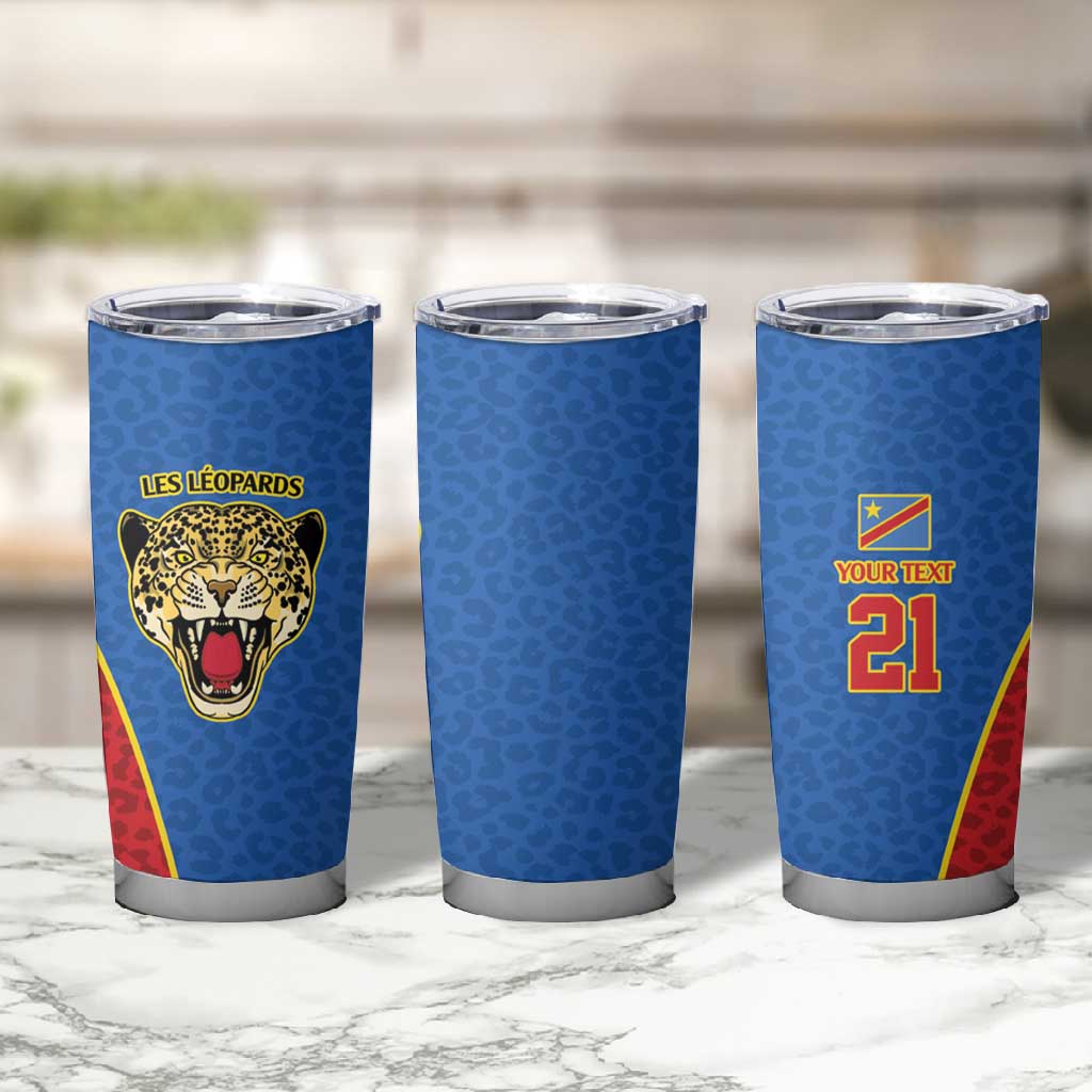 Africa DR Congo Football Custom Tumbler Cup Blue Leopard Skin Pattern - African Pride