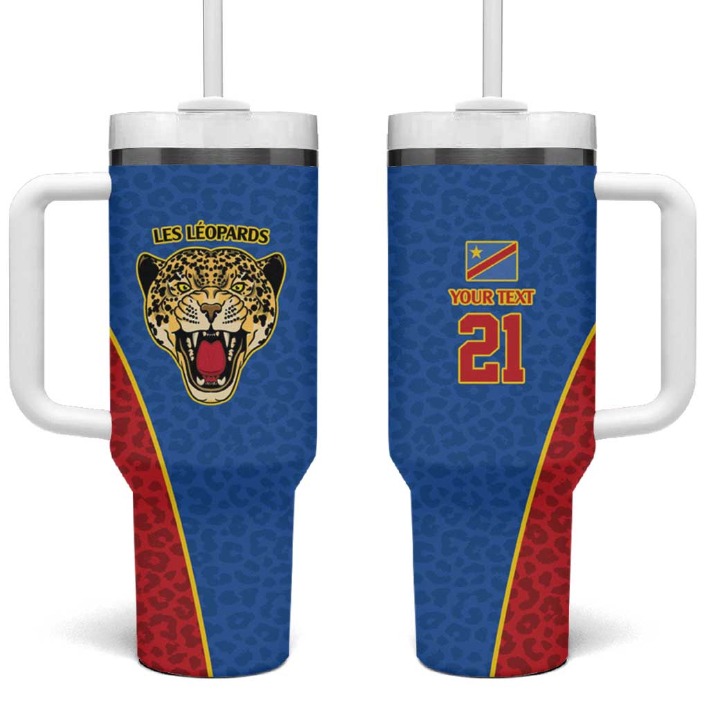Africa DR Congo Football Custom Tumbler With Handle Blue Leopard Skin Pattern - African Pride