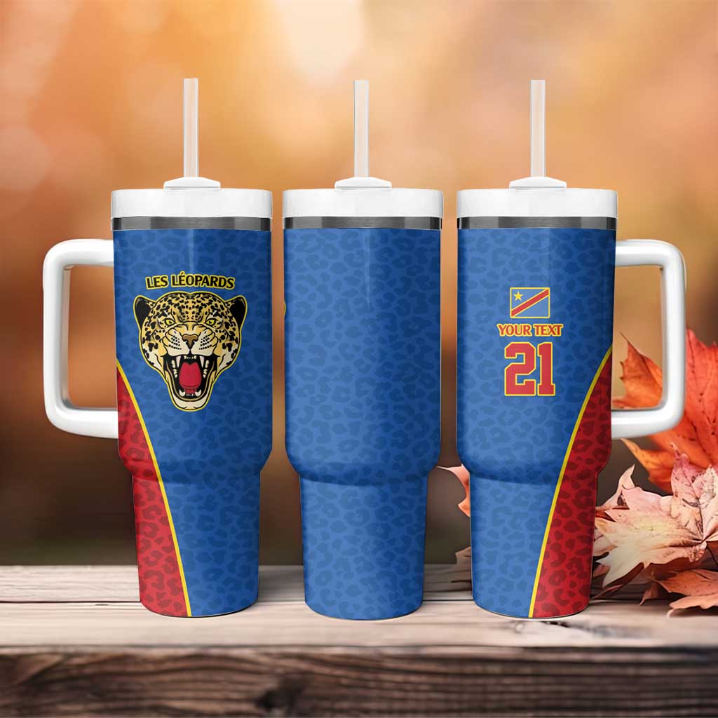 Africa DR Congo Football Custom Tumbler With Handle Blue Leopard Skin Pattern - African Pride