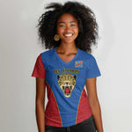 Africa DR Congo Football Custom Women V-Neck T-Shirt Blue Leopard Skin Pattern - African Pride