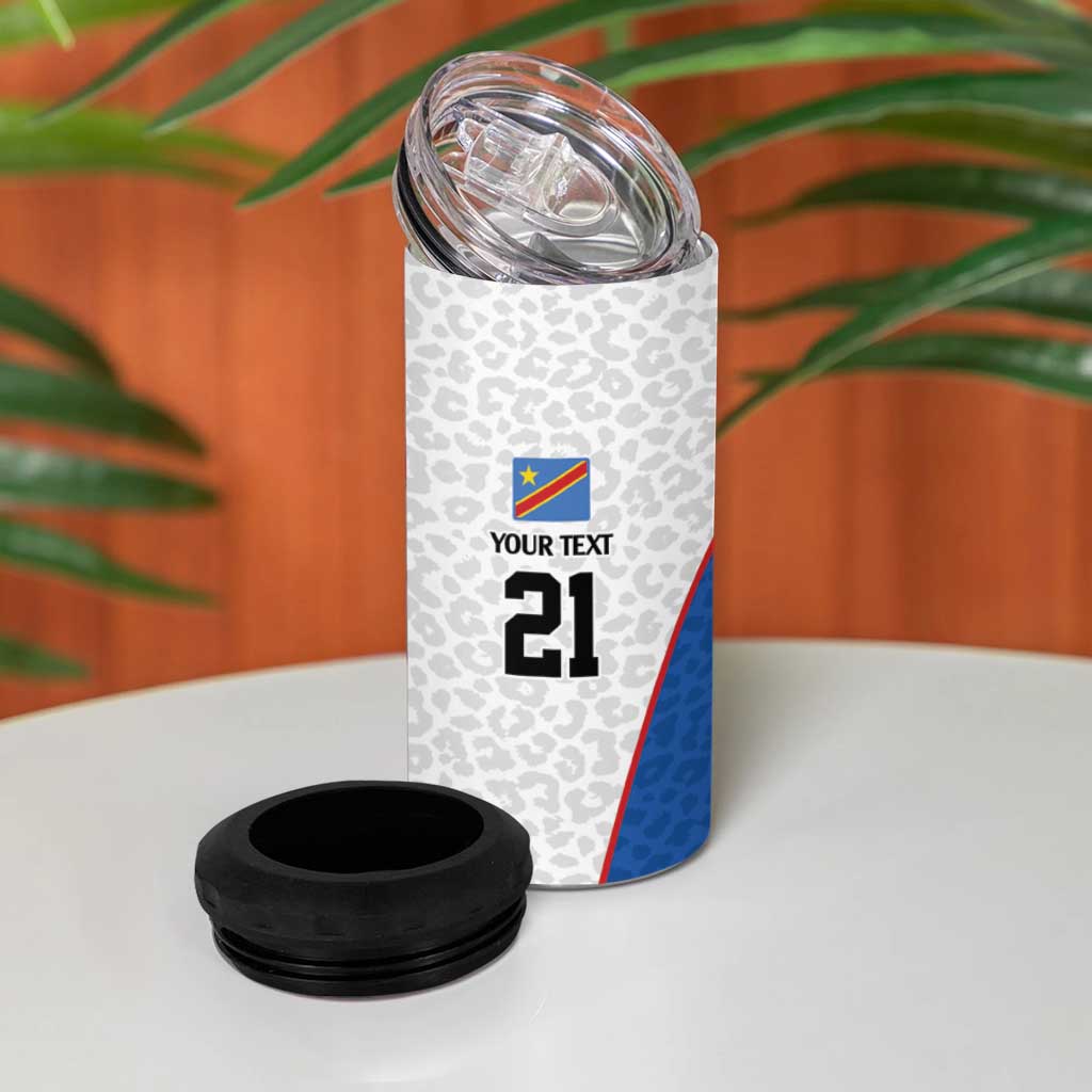 Africa DR Congo Football Custom 4 in 1 Can Cooler Tumbler White Leopard Skin Pattern - African Pride