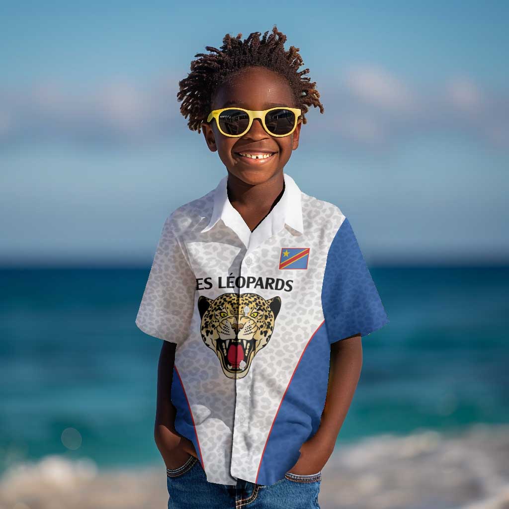 Africa DR Congo Football Custom Kid Hawaiian Shirt White Leopard Skin Pattern - African Pride