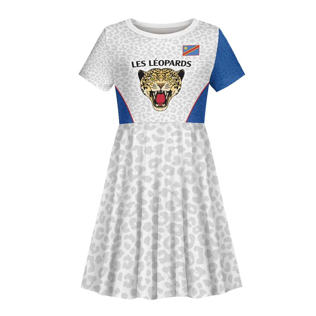 Africa DR Congo Football Custom Kid Short Sleeve Dress White Leopard Skin Pattern - African Pride