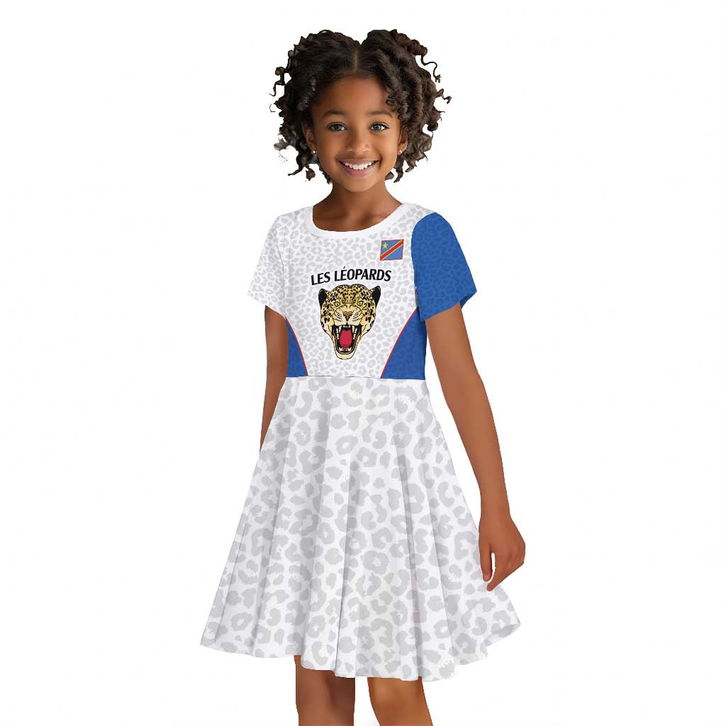 Africa DR Congo Football Custom Kid Short Sleeve Dress White Leopard Skin Pattern - African Pride