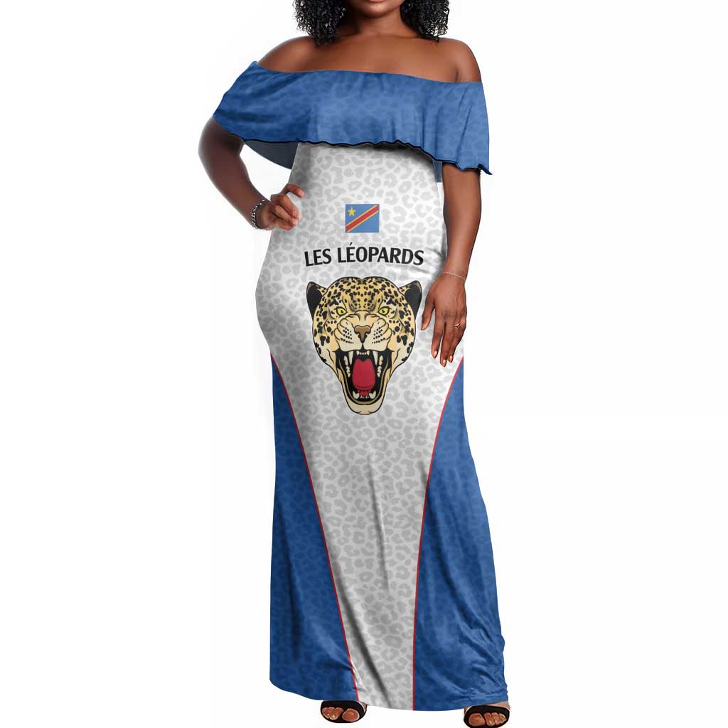 Africa DR Congo Football Custom Off Shoulder Maxi Dress White Leopard Skin Pattern - African Pride