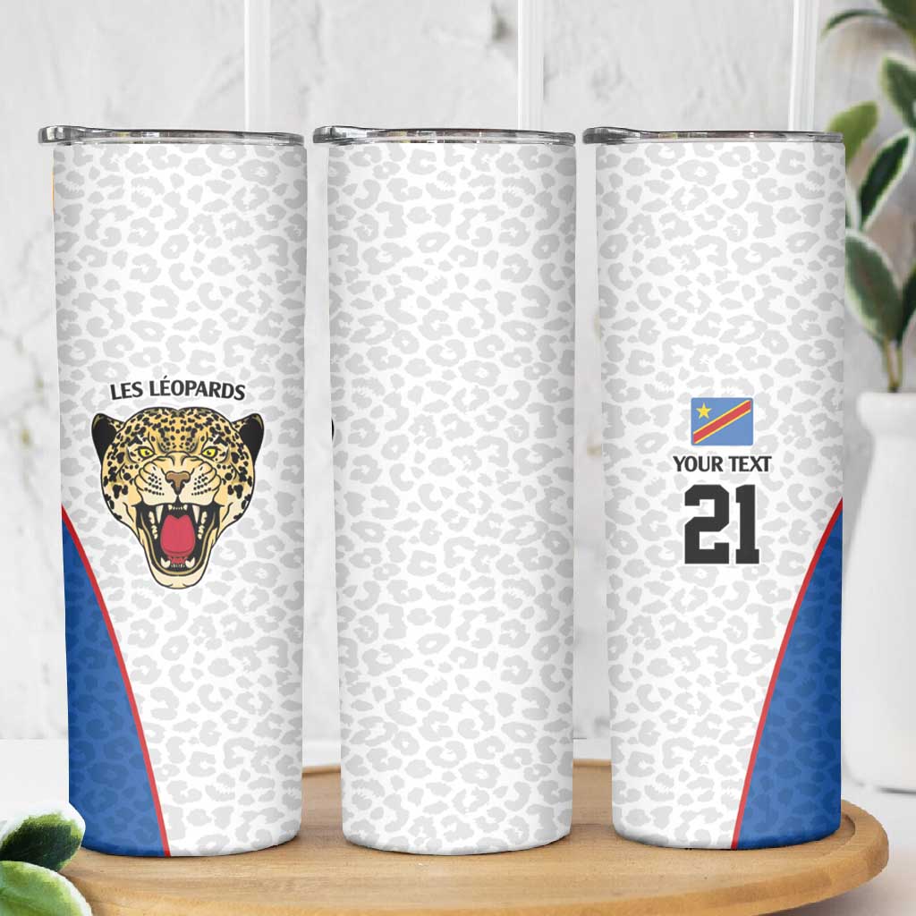 Africa DR Congo Football Custom Skinny Tumbler White Leopard Skin Pattern - African Pride