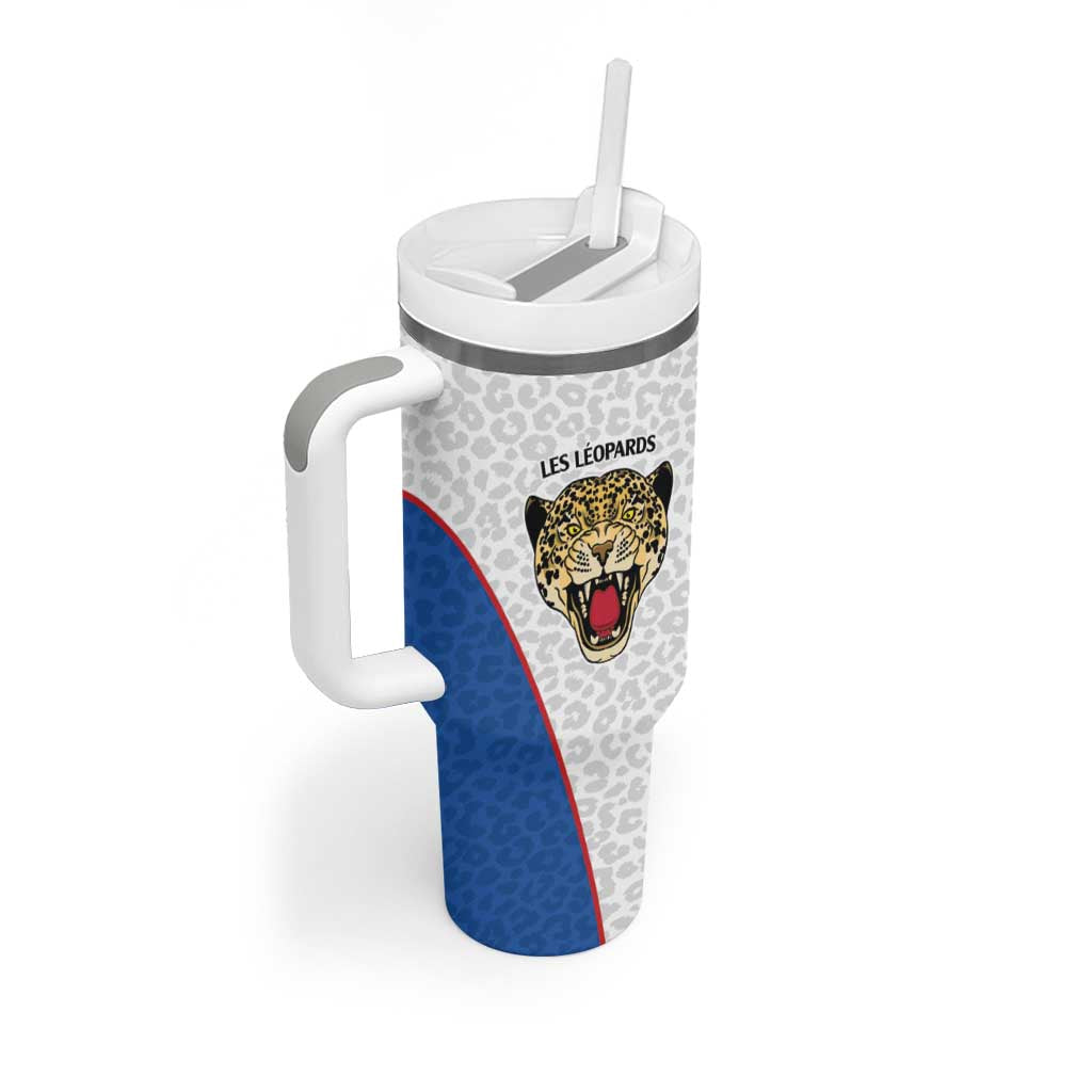 Africa DR Congo Football Custom Tumbler With Handle White Leopard Skin Pattern - African Pride