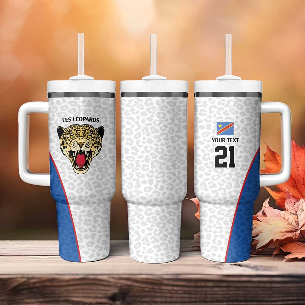Africa DR Congo Football Custom Tumbler With Handle White Leopard Skin Pattern - African Pride