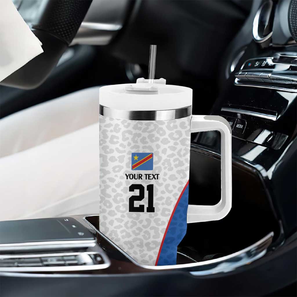 Africa DR Congo Football Custom Tumbler With Handle White Leopard Skin Pattern - African Pride