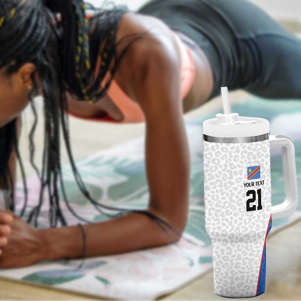 Africa DR Congo Football Custom Tumbler With Handle White Leopard Skin Pattern - African Pride