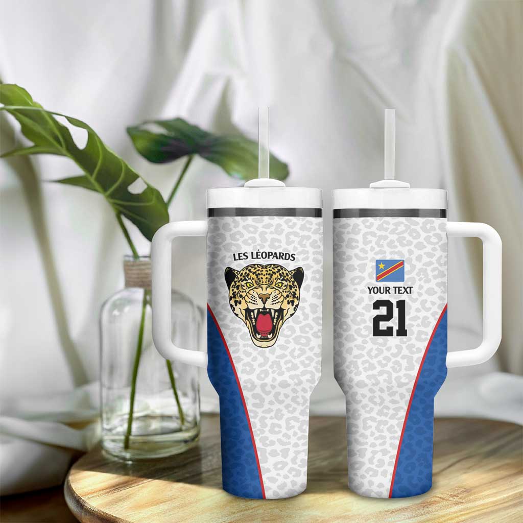Africa DR Congo Football Custom Tumbler With Handle White Leopard Skin Pattern - African Pride