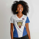 Africa DR Congo Football Custom Women V-Neck T-Shirt White Leopard Skin Pattern - African Pride